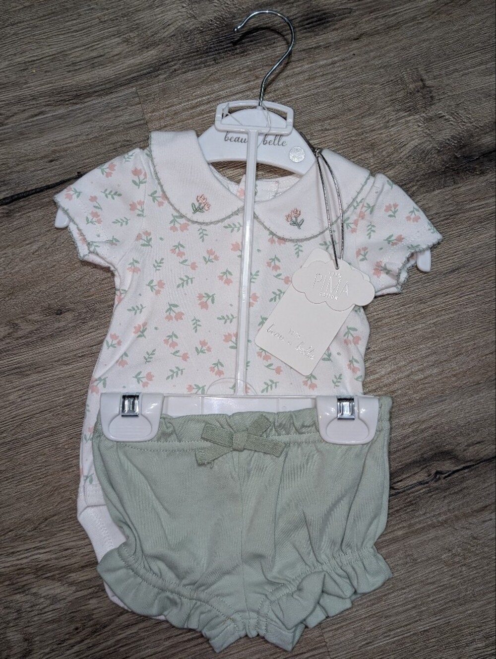 Pima Cotton Pink Floral Print White Knit Bodysuit Sage Green Shorts Baby 0-3M